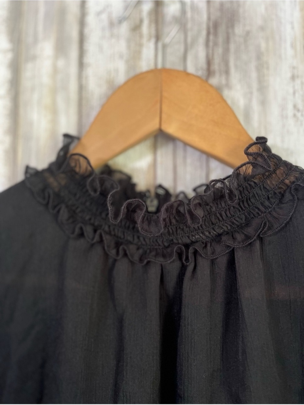 Ann Taylor Sheer Black Ruffle Blouse Romantic Boho Long Sleeve High Neck Top M - Picture 4 of 6